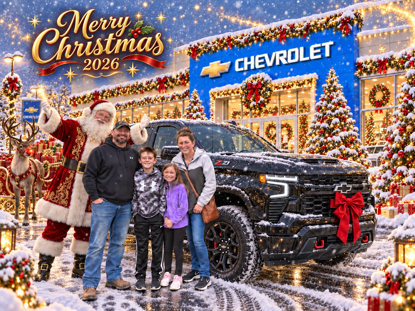 Family with Santa at Chevrolet dealership — Merry Christmas 2026 AI portrait
