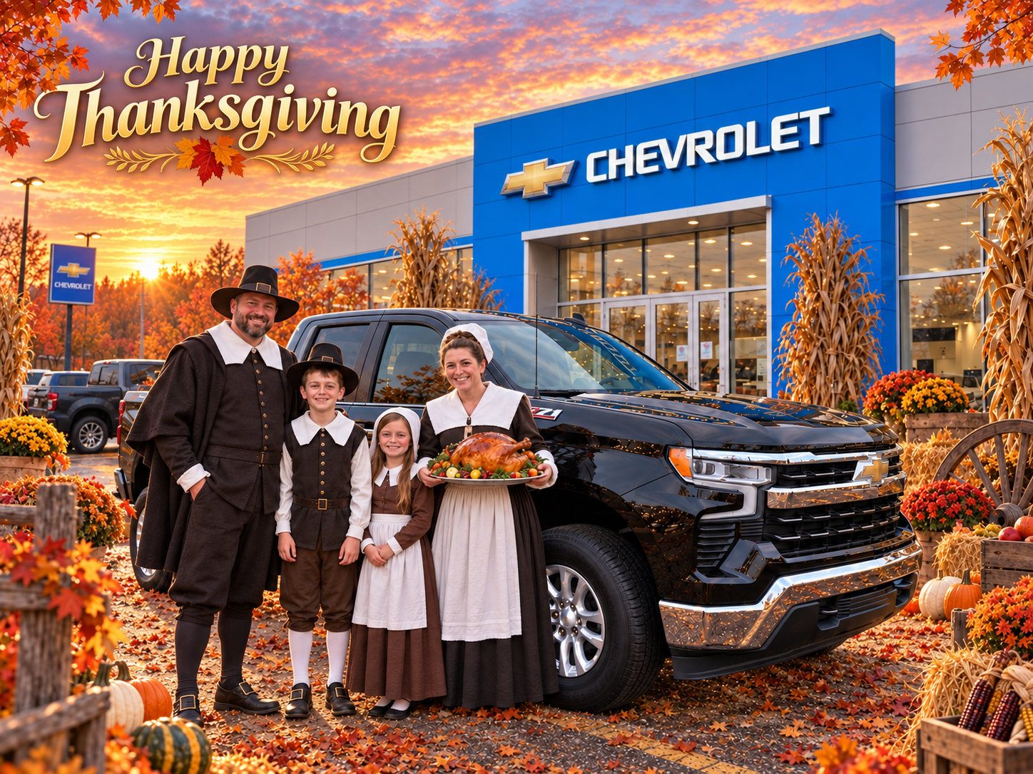 Family in Thanksgiving pilgrim costumes with Chevrolet truck — AI seasonal portrait
