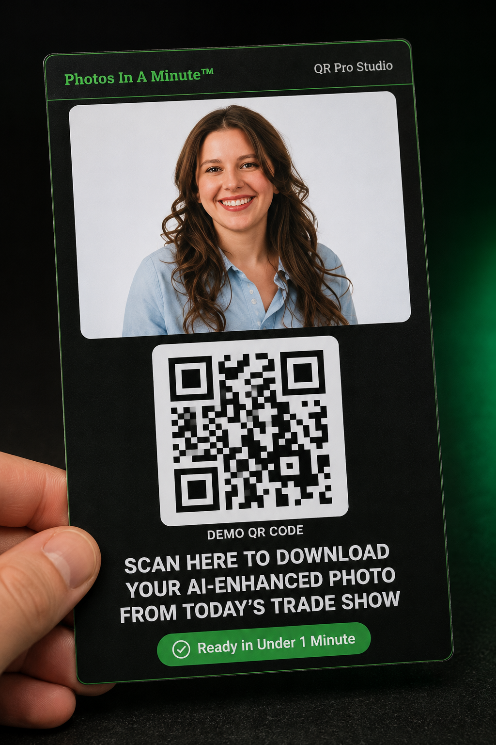 QR Pro Studio printed card — scan to download your AI-enhanced headshot